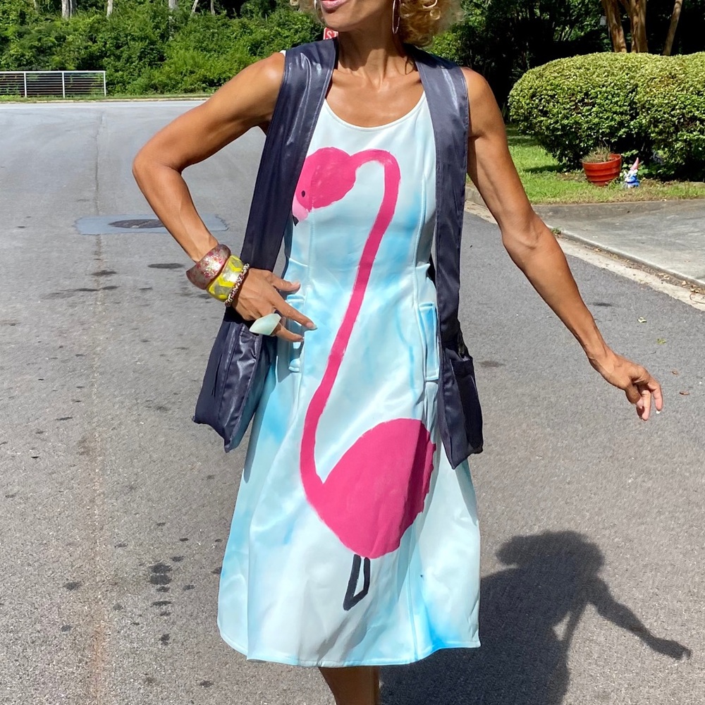 OOAK handpainted flamingo neoprene dress fit flare - Picture 4 of 10